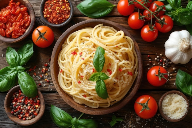 piatto di pasta italiana circondato da ingredienti freschi su una superficie di legno