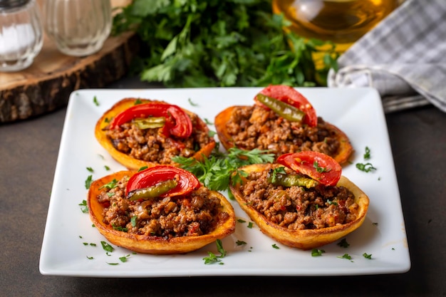 Piatto di patate al forno tradizionale turco con carne macinata Nome turco Patates karniyarik