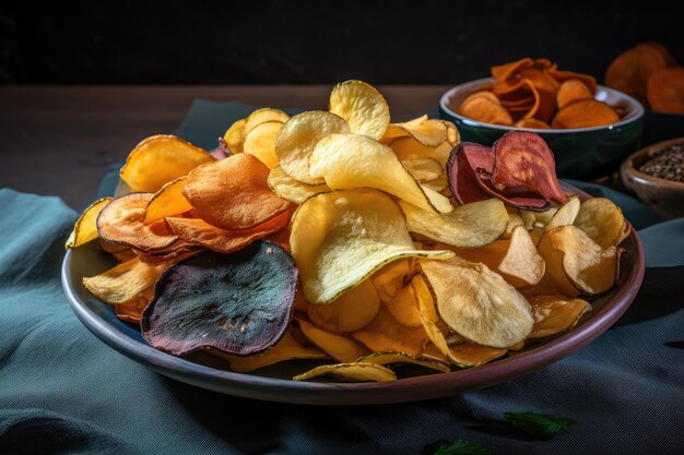 Piatto di patatine croccanti e salate con varietà di sapori