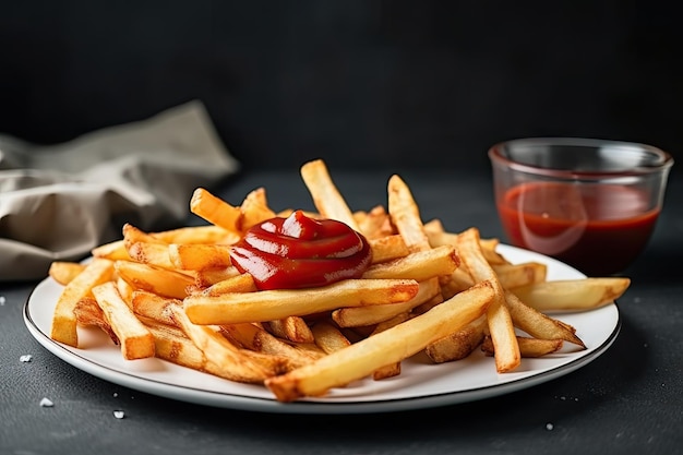 Piatto di patatine fritte croccanti calde con ketchup piccante creato con ai generativo