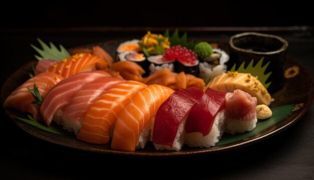 Piatto di pesce fresco sashimi nigiri maki tonno anguilla gambero generato da AI