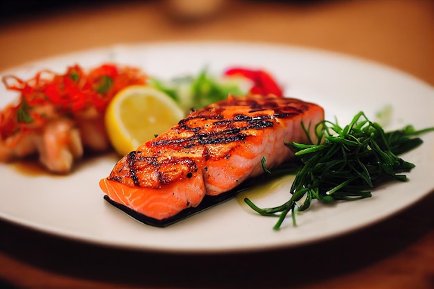 Piatto di pesce salmone grigliato preparato con verdure sul primo piano del piatto