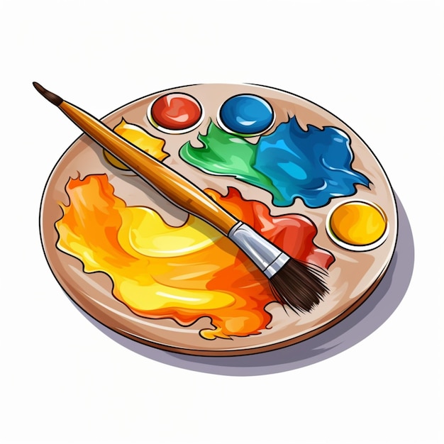 Piatto di pittura a colori dei cartoni animati con un pennello isolato su sfondo bianco