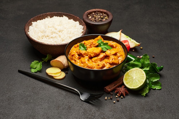 Piatto di pollo al curry tradizionale e spezie sul tavolo scuro