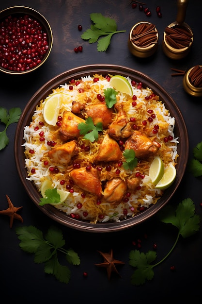 Piatto di pollo Biryani con riso profumato e Raita caldo e sito web con layout della cultura culinaria dell'India