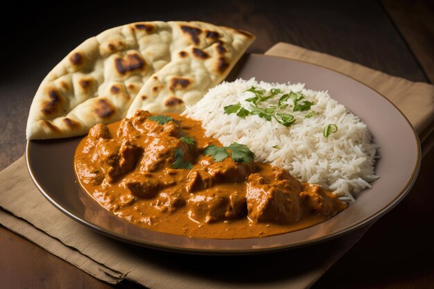 Piatto di pollo tikka masala con riso basmati e naan creato con l'IA generativa