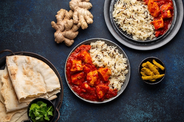 Piatto di pollo tikka masala con riso, pane indiano piatto e spezie in piastre metalliche rustiche su sfondo di cemento vista dall'alto. Pollo al curry, radice di curcuma, coriandolo fresco, piatto tradizionale indiano