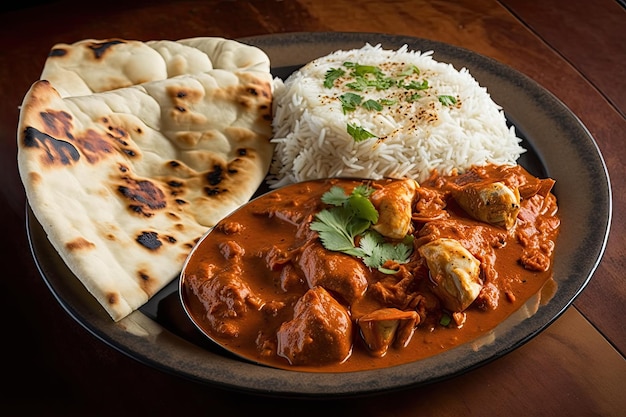 Piatto di pollo tikka masala servito con riso e naan creato con l'IA generativa