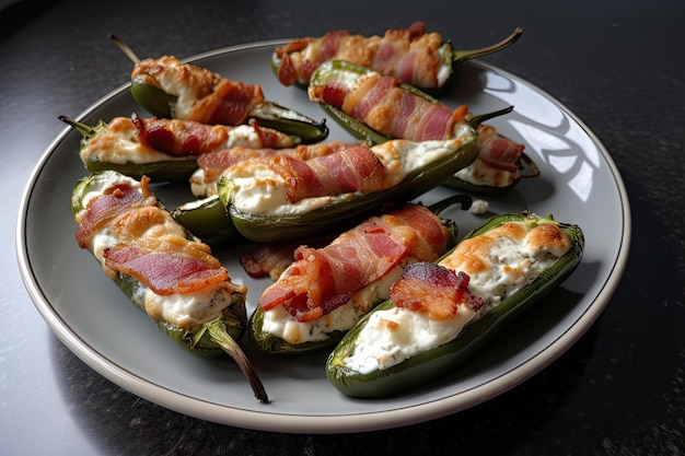 Piatto di poppers jalapeno con crema di formaggio e ripieno di pancetta creato con ai generativo