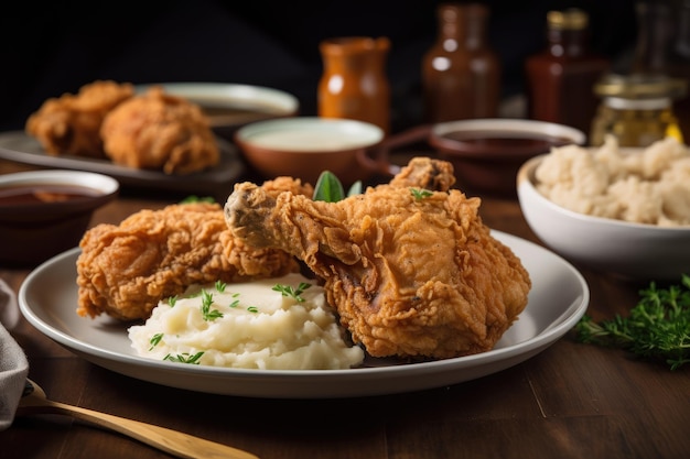 Piatto di purè di patate e salsa di pollo fritto creato con ai generativo