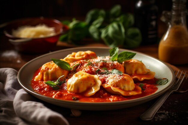 Piatto di ravioli appena preparati riempiti di formaggio ricotta cremoso generato dall'AI