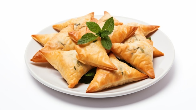 Piatto di salati triangoli di spanakopita con ripieno di spinaci e feta