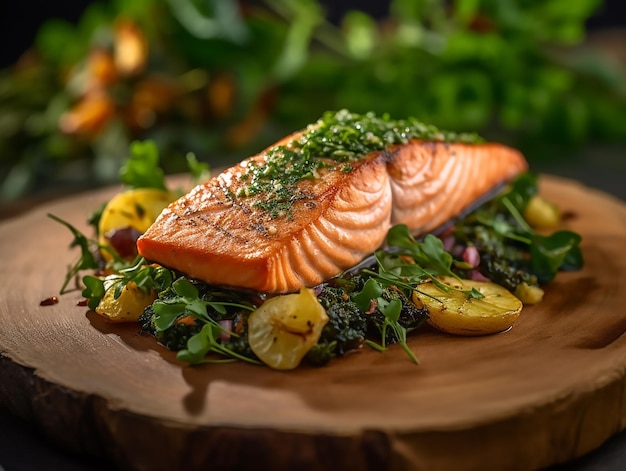 Piatto di salmone con contorno di erbe verdi