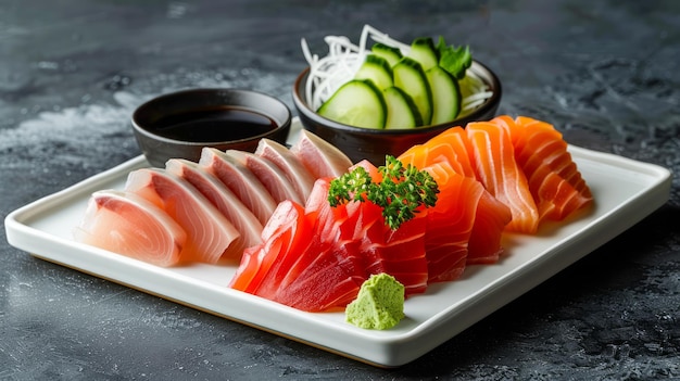 Piatto di Sashimi fresco con salmone, tonno e coda gialla Cucina tradizionale giapponese al buio