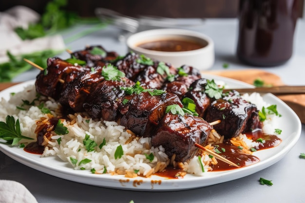 Piatto di shiskabob grigliato condito con erbe fresche e un filo di salsa barbecue