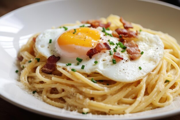 Piatto di spaghetti alla carbonara condito con pancetta croccante e uova create con ai generativo