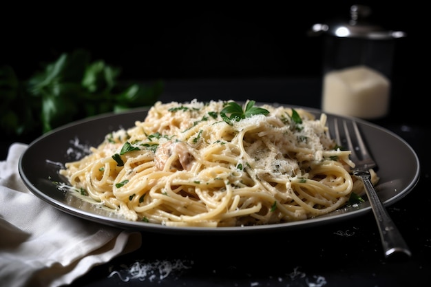 Piatto di spaghetti con salsa di parmigiano ricca e cremosa