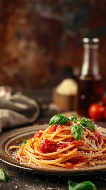 Piatto di spaghetti con salsa di pomodoro e basilico