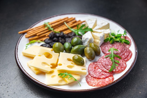 Piatto di spuntino formaggio salsiccia grissino oliva fresco antipasto pasto cibo spuntino sul tavolo