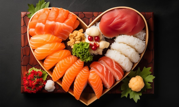 Piatto di sushi a forma di cuore di molti tipi di sushi con spazio di copia