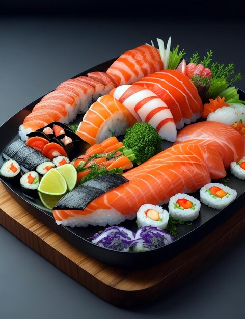 Piatto di sushi frutti di mare freschi presentazione colorata cucina giapponese realistica 1080p ar 43