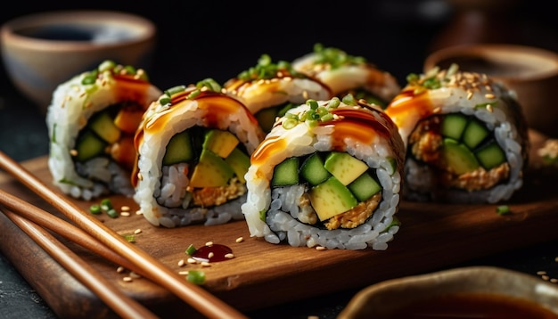 Piatto di sushi maki di pesce fresco una delizia per il pranzo gourmet giapponese generata dall'intelligenza artificiale