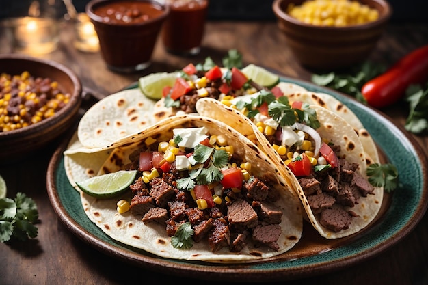 Piatto di tacos di strada messicani con carne asada chorizo e al pastor in tortilla di mais