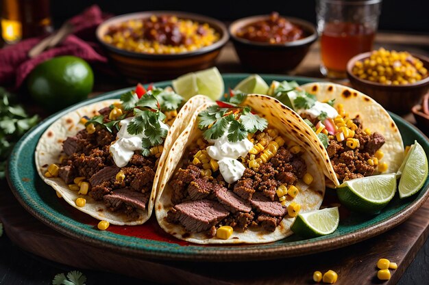 Piatto di tacos di strada messicani con carne asada chorizo e al pastor in tortilla di mais