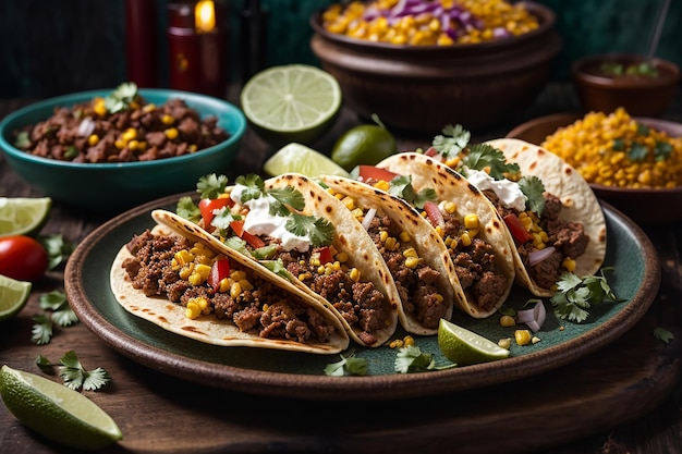 Piatto di tacos di strada messicani con carne asada chorizo e al pastor in tortilla di mais