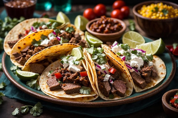 Piatto di tacos di strada messicani con carne asada chorizo e al pastor in tortilla di mais