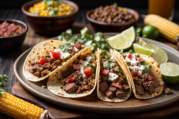 piatto di tacos messicani di strada con carne asada chorizo e al pastor in tortillas di mais