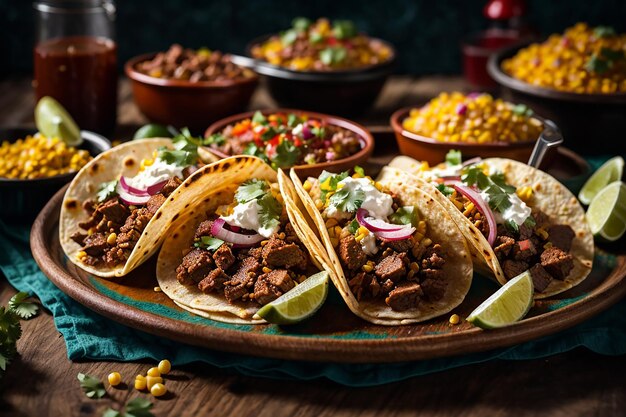 piatto di tacos messicani di strada con carne asada chorizo e al pastor in tortillas di mais