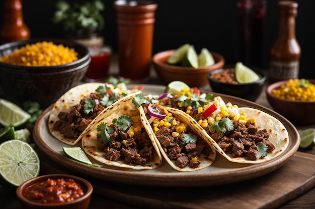 piatto di tacos messicani di strada con carne asada chorizo e al pastor in tortillas di mais