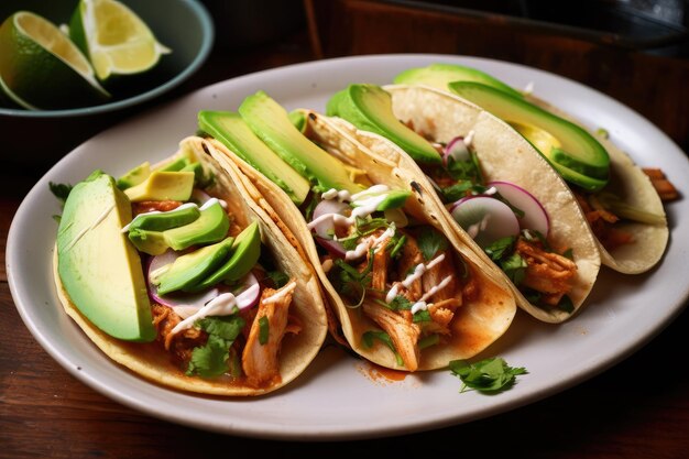 Piatto di tacos ripieno di pollo piccante e avocado cremoso creato con intelligenza artificiale generativa