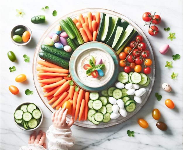 Piatto di verdure per la celebrazione della Pasqua con hummus e fiori commestibili