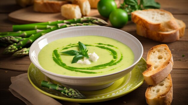 Piatto di zuppa di asparagi con ingredienti e pane tostato su legno verde generativo ai