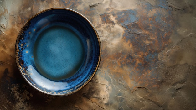 Piatto in ceramica blu con vetri unici su sfondo marrone strutturato