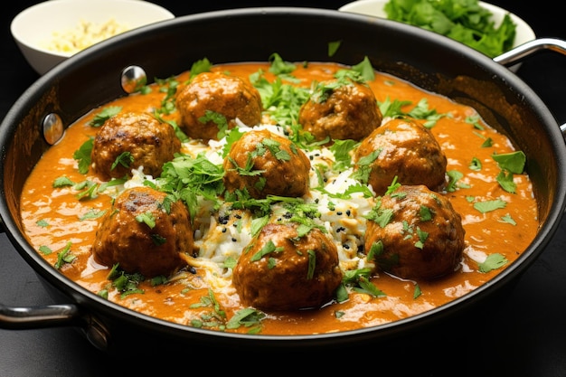 Piatto indiano Kofta Curry servito in una ciotola o fuoco selettivo karahi