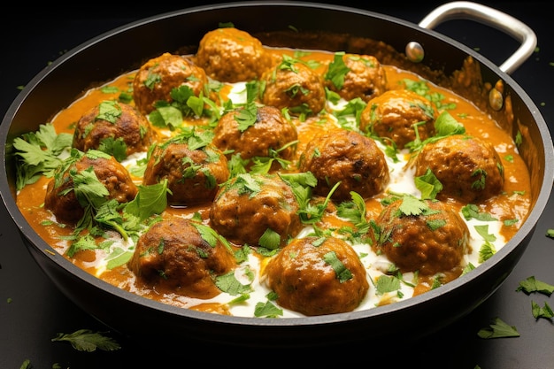 Piatto indiano Kofta Curry servito in una ciotola o fuoco selettivo karahi