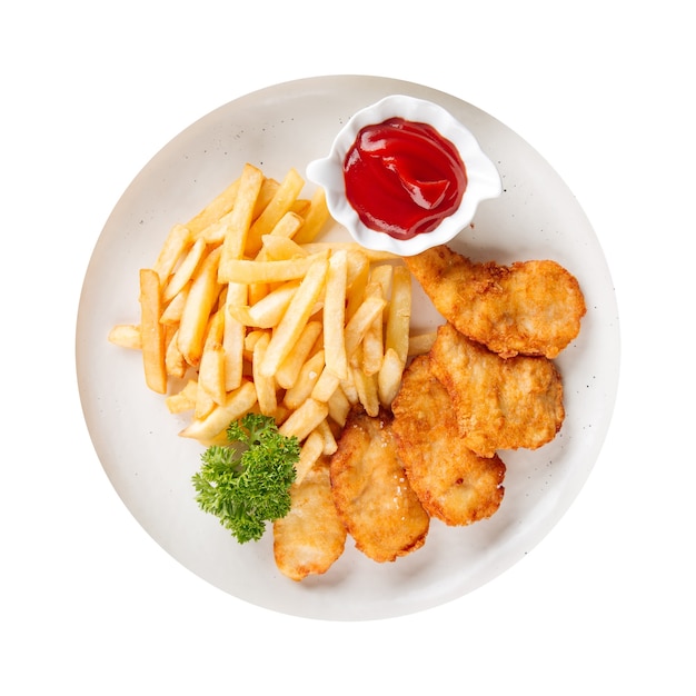 Piatto isolato di pesce e patatine fritte con ketchup