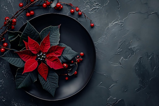 Piatto nero con poinsettia nera e decorazioni festive