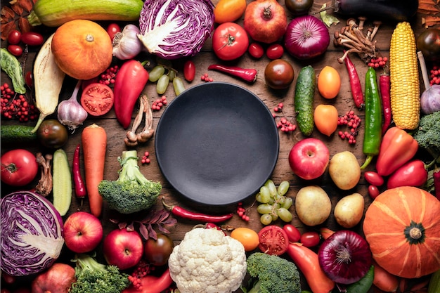 Piatto nero sul tavolo con frutta e verdura fresca raccolta autunnale su uno sfondo di legno rustico vista dall'alto assortimento di verdure per cibo sano
