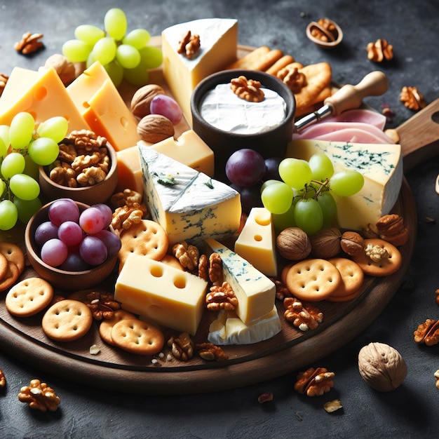 Piatto o tavolo di formaggio con varietà di cracker al formaggio, noci e uva