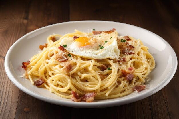 Piatto piano di spaghetti alla carbonara con formaggio all'uovo e pancetta creato con ai generativo