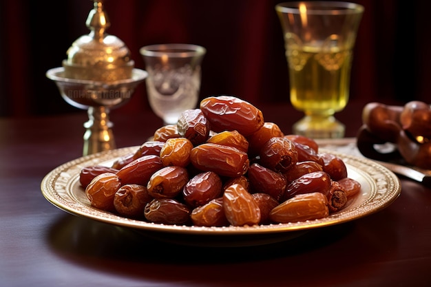 Piatto pieno di datteri e noci cibi tradizionali comunemente consumati durante il Ramadan