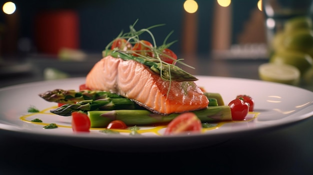 Piatto pronto di salmone con asparagi e pomodorini su piatto generativo ai