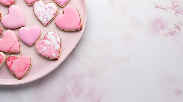 Piatto rosa con biscotti a forma di cuore decorati su sfondo marmo vista dall'alto Posto per il testo IA generativa