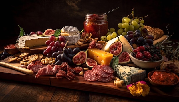 Piatto sano di antipasti di carne, frutta e formaggio generato dall'intelligenza artificiale