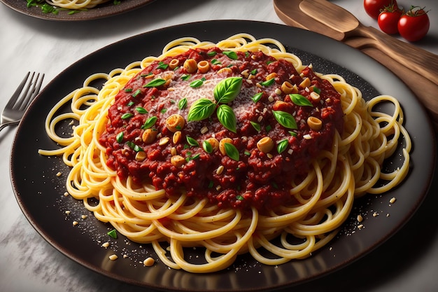 Piatto scuro con spaghetti italiani su oscurità