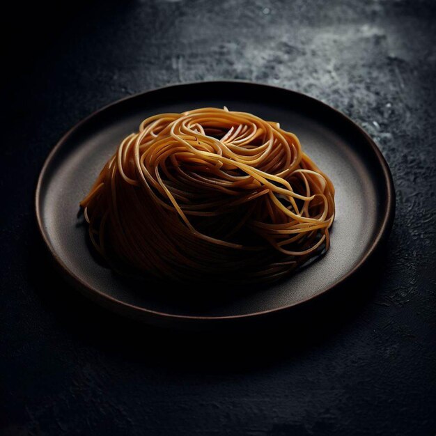 Piatto scuro con spaghetti italiani su oscurità